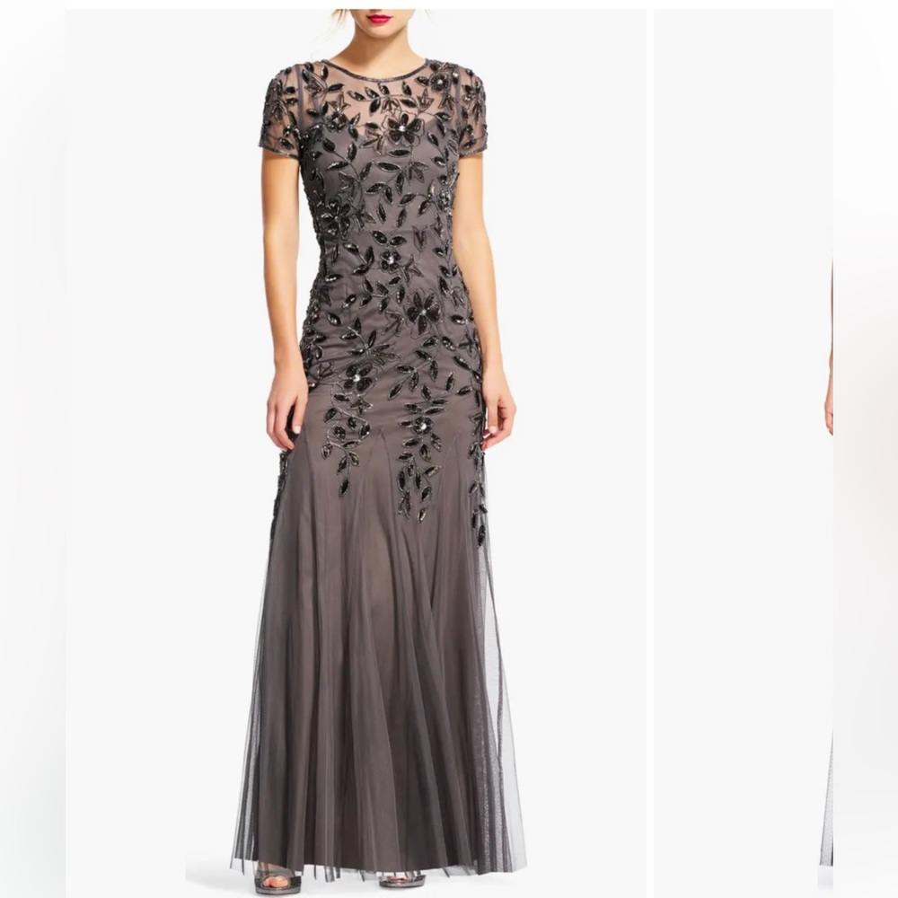 Adrianna Papell Floral Embroidered Beaded Trumpet Gown in Charcoal Size 18